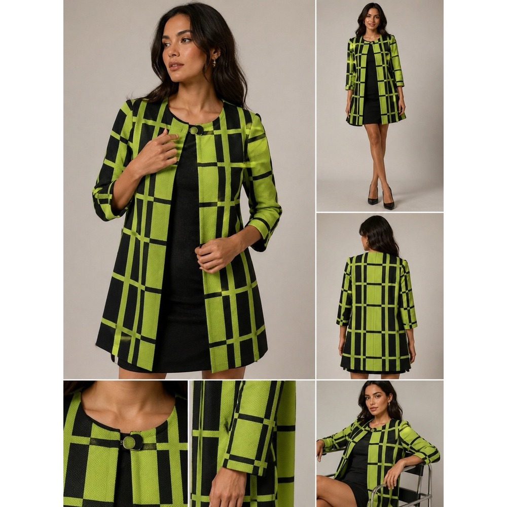 Danny & Nicole Womens Jacket Dress 2 Pc Set Lime Green Black Plaid Size 12